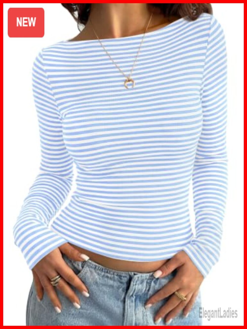 Women's Long Sleeve Ribbed Striped Slim Fit Boat Neck Top